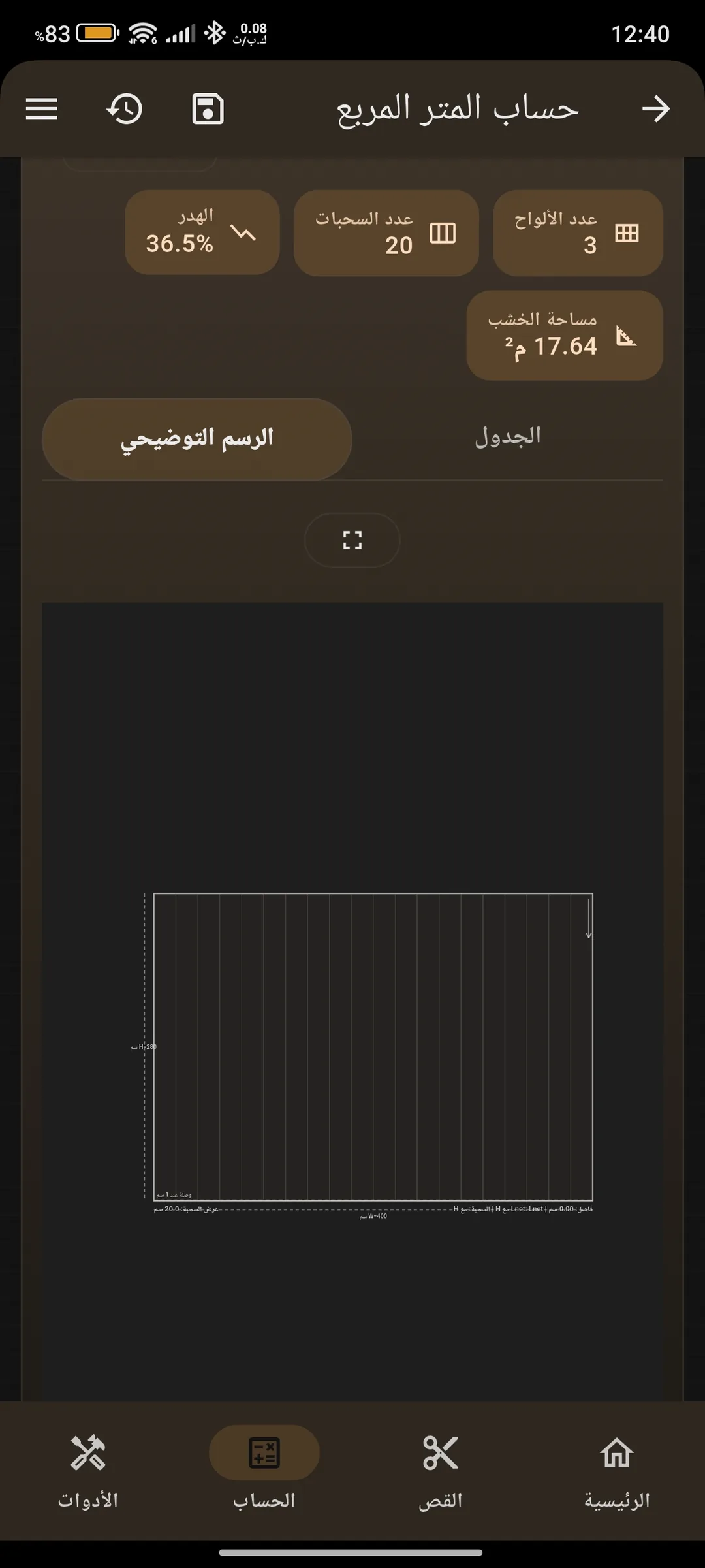 العرض الداكن لمخطط القص في تطبيق كسلو.
